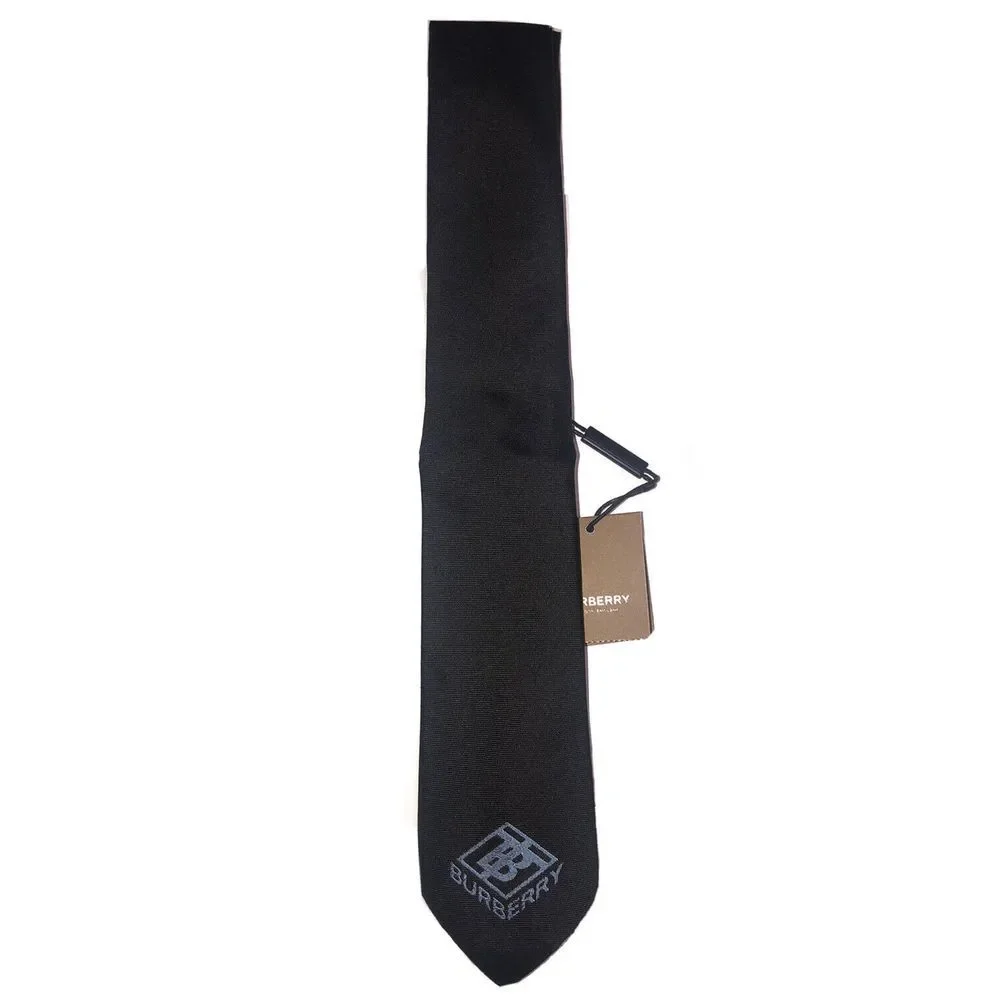 Burberry Tie Ice Blue Manston TB‎ Logo Navy Silk Made In England NEW